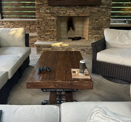 Steel and Pine Wood Weathered Coffee Table w/ Cross Shelf