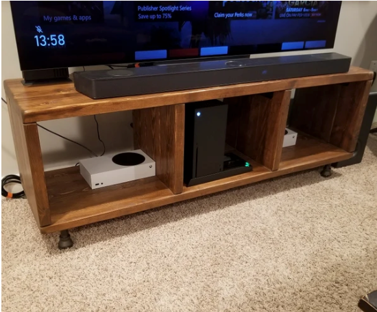 Steel and Pine Wood Media Table with Separated Shelving
