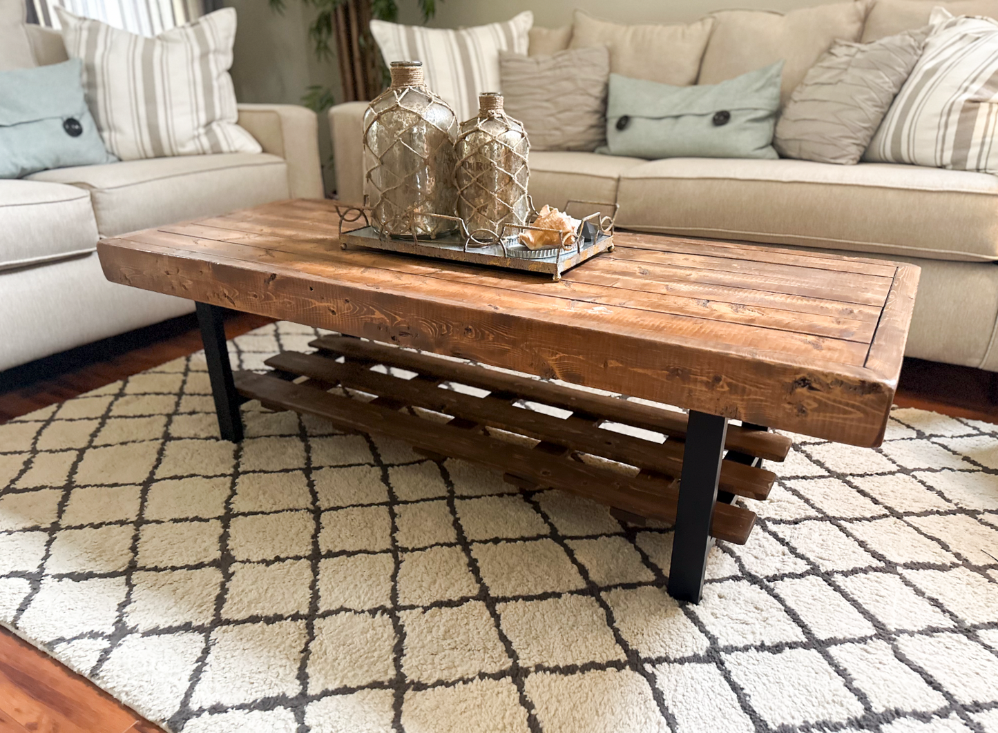 Steel and Wood Weathered Coffee Table With Shelf - Square Legs Style