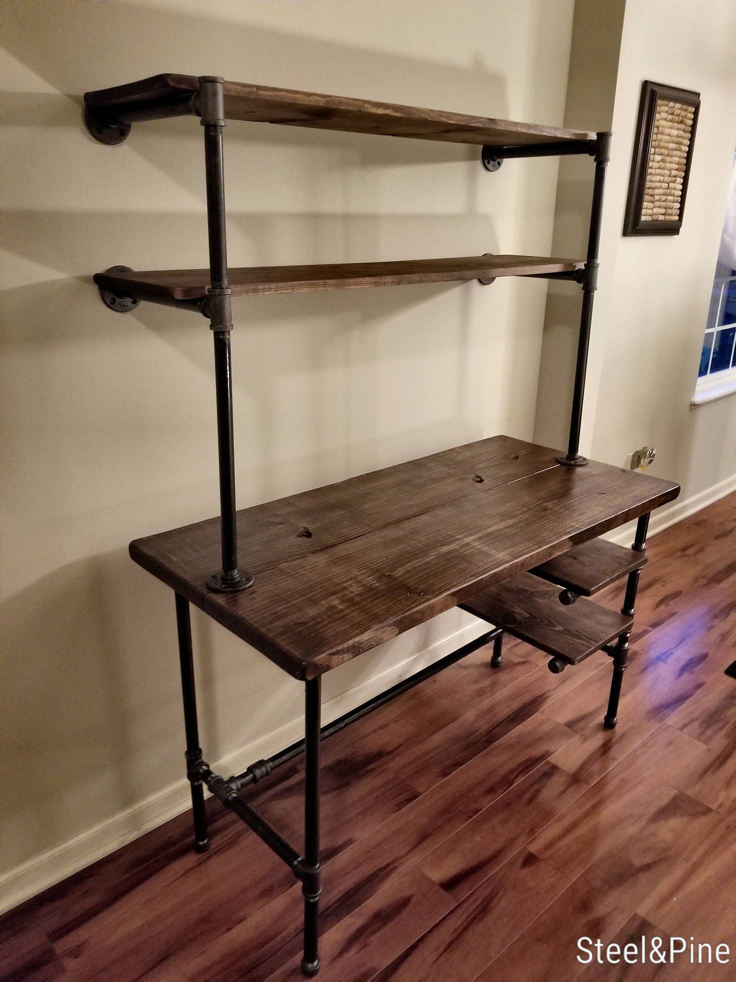 Steel and Wood Desk - Office Iron Pipe Desk with 2 Desk Shelves and 2 Wall Shelves - Multiple Shelf