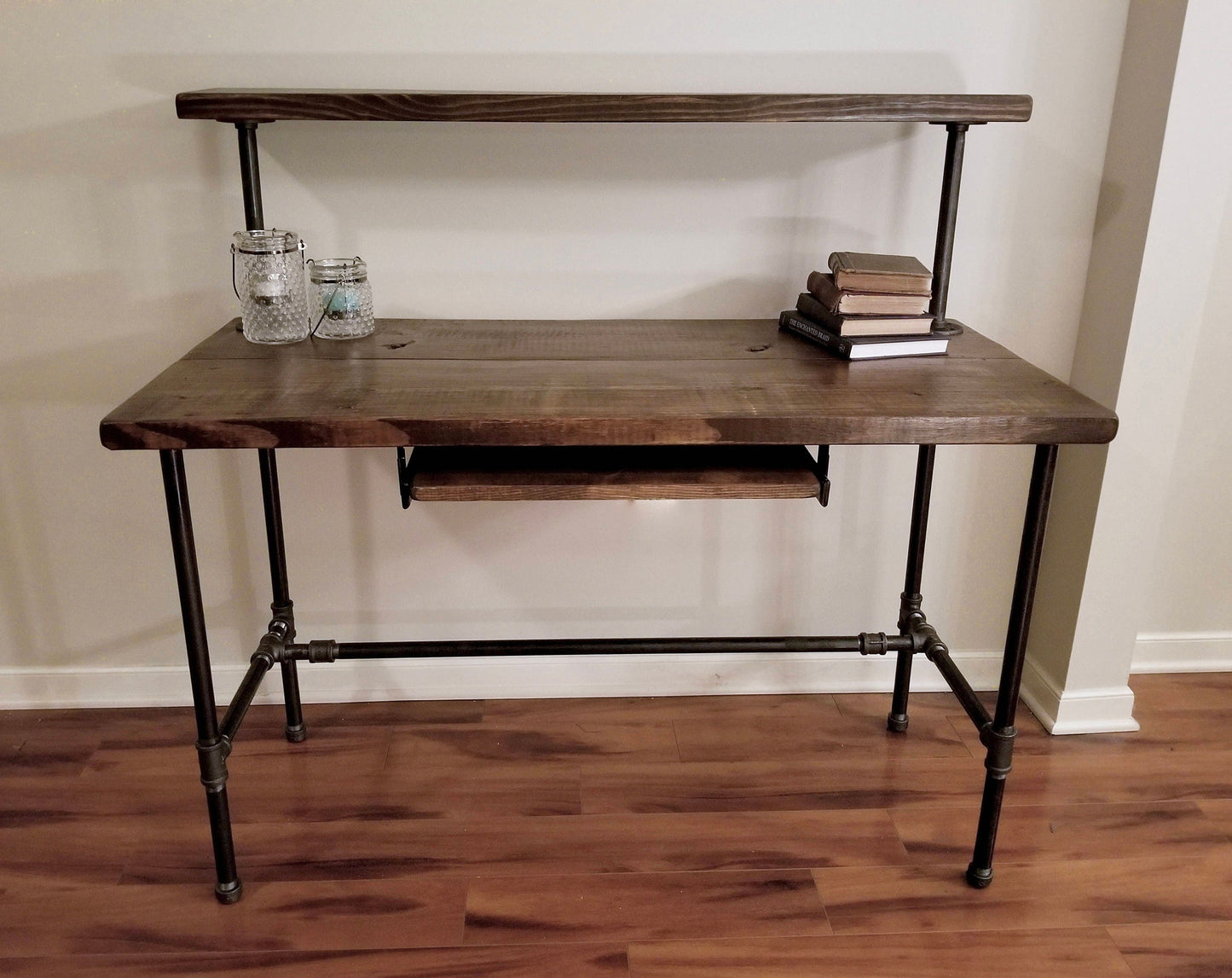 Steel and Wood Desk - Office Iron Pipe Desk with Monitor Shelf and Keyboard Tray - Shelf Height Options Listed in Description
