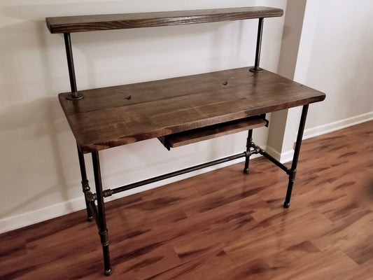 Steel and Wood Desk - Office Iron Pipe Desk with Monitor Shelf and Keyboard Tray - Shelf Height Options Listed in Description