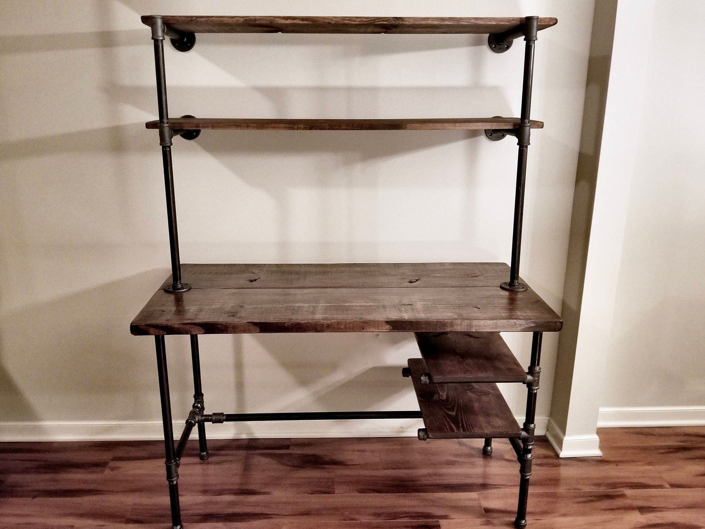 Steel and Wood Desk - Office Iron Pipe Desk with 2 Desk Shelves and 2 Wall Shelves - Multiple Shelf