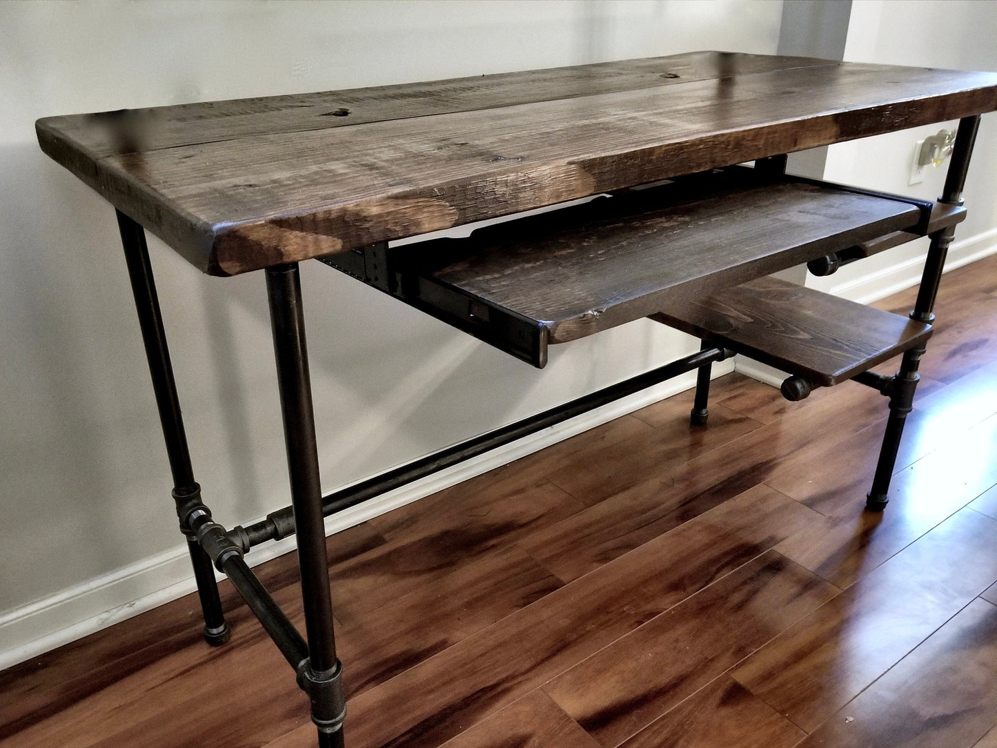 Steel and Wood Desk - Office Iron Pipe Desk with 2 Shelves and Keyboard Tray