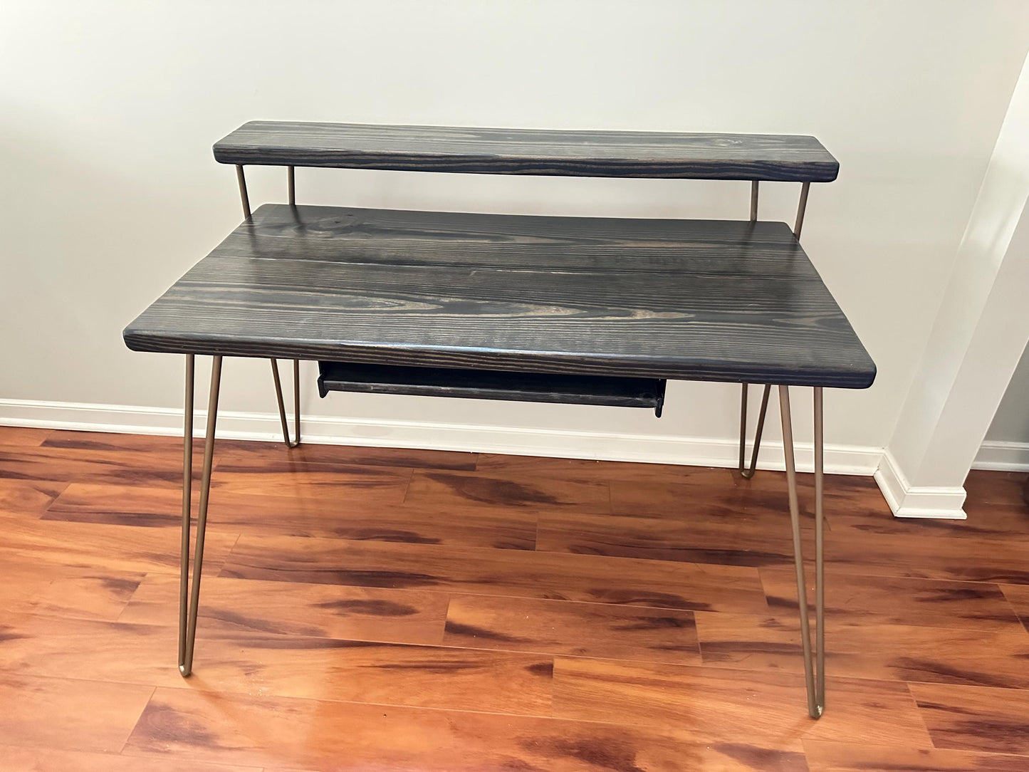 Steel and Wood Desk - Monitor Shelf - Gold Finish Steel Legs - Keyboard Tray - Real Wood Furniture