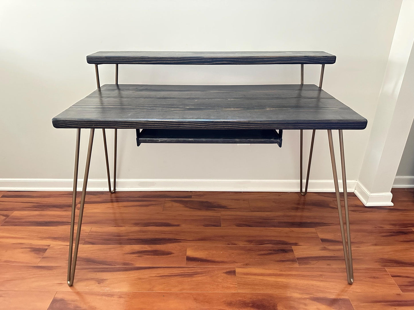 Steel and Wood Desk - Monitor Shelf - Gold Finish Steel Legs - Keyboard Tray - Real Wood Furniture