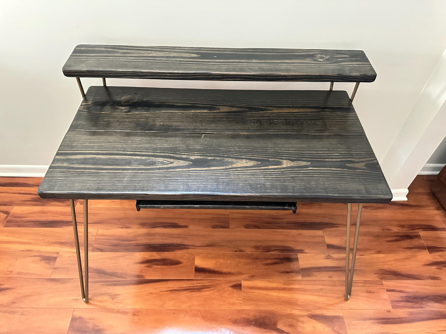 Steel and Wood Desk - Monitor Shelf - Gold Finish Steel Legs - Keyboard Tray - Real Wood Furniture