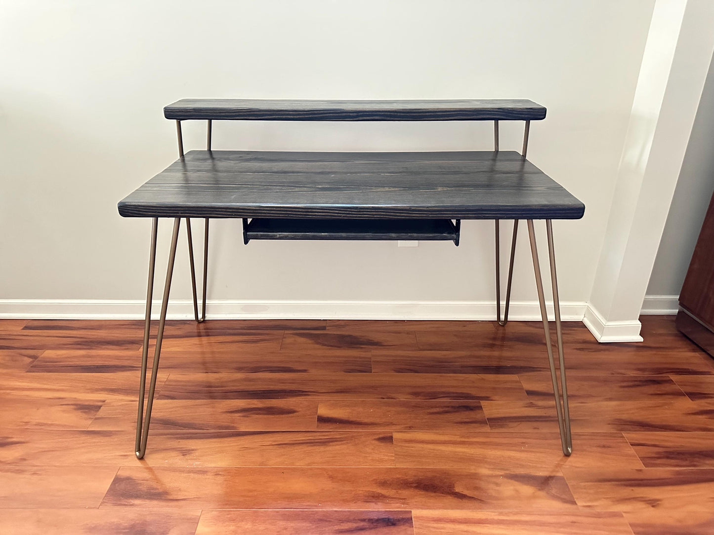 Steel and Wood Desk - Monitor Shelf - Gold Finish Steel Legs - Keyboard Tray - Real Wood Furniture