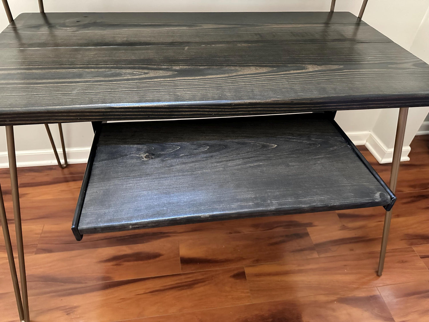 Steel and Wood Desk - Monitor Shelf - Gold Finish Steel Legs - Keyboard Tray - Real Wood Furniture