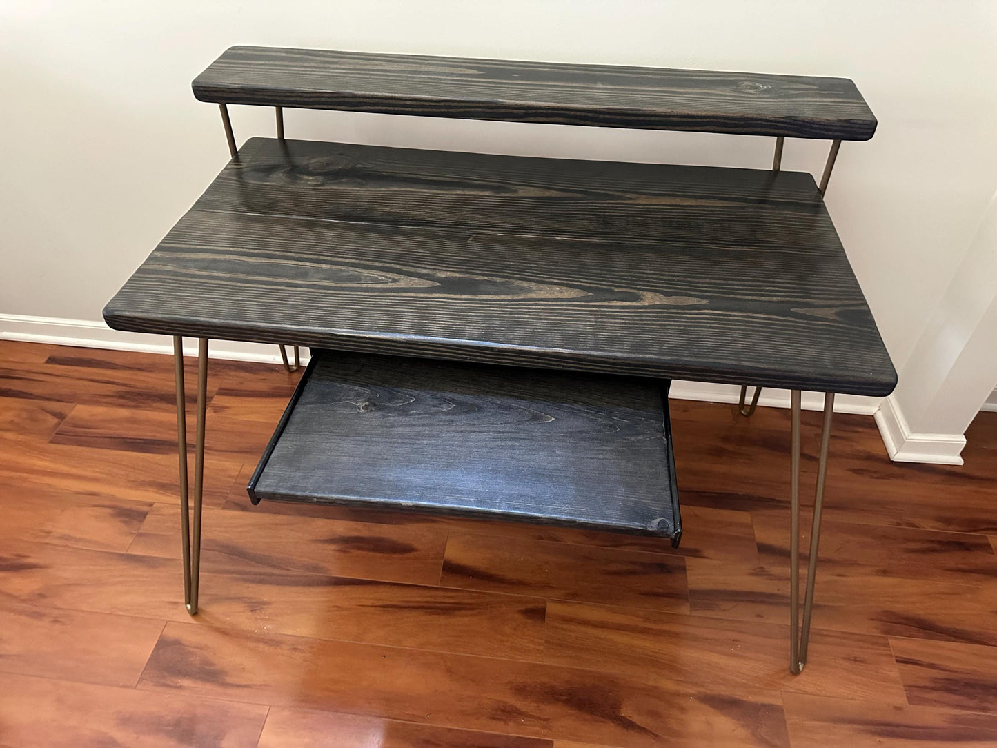 Steel and Wood Desk - Monitor Shelf - Gold Finish Steel Legs - Keyboard Tray - Real Wood Furniture