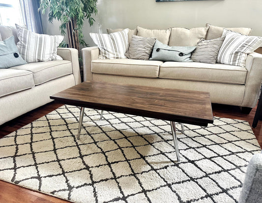 Steel and Solid Wood Midcentury Coffee Cocktail Table with Retro Chrome Steel