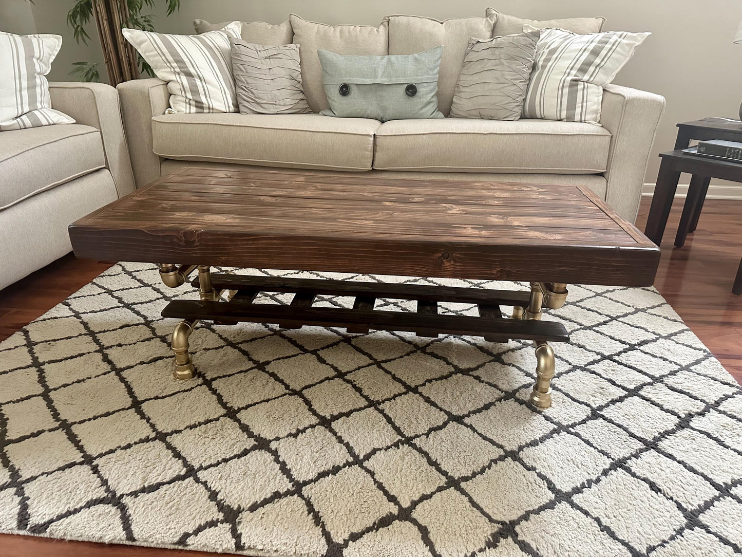 Steel and Wood Weathered Coffee Table w/ Cross Shelf