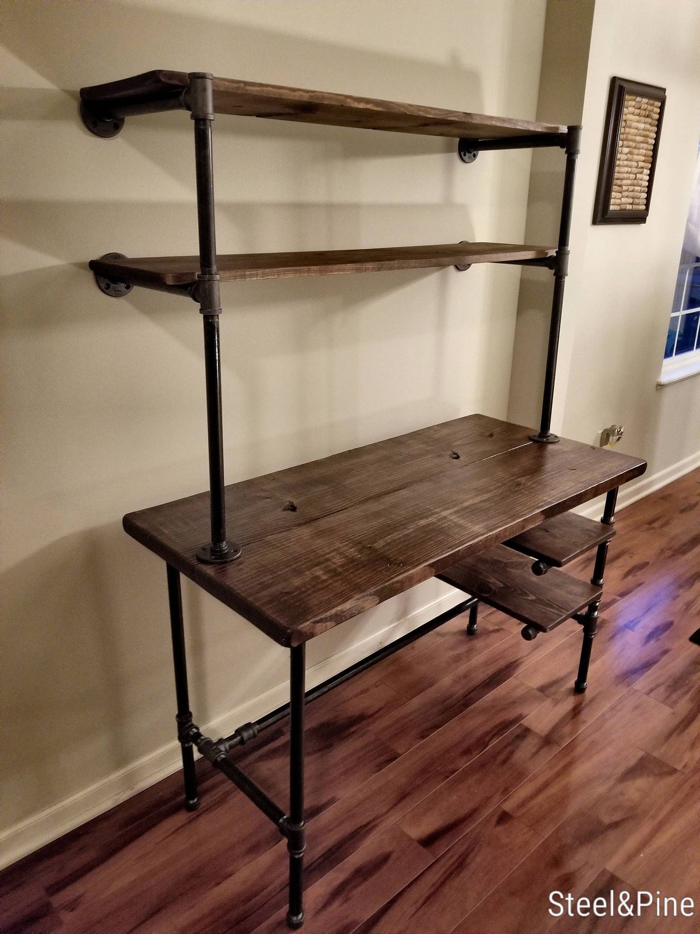 Steel and Wood Desk - 2 Desk Shelves and 2 Wall Shelves