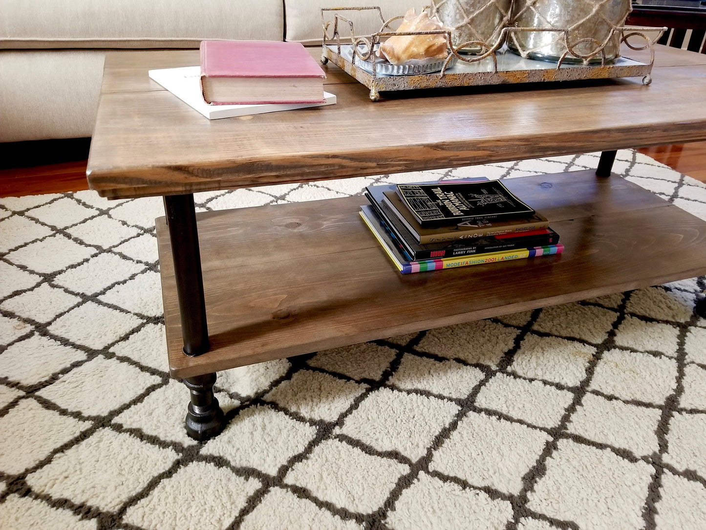 Steel and Wood Custom Edge Coffee Table with Shelf - Large Pipe