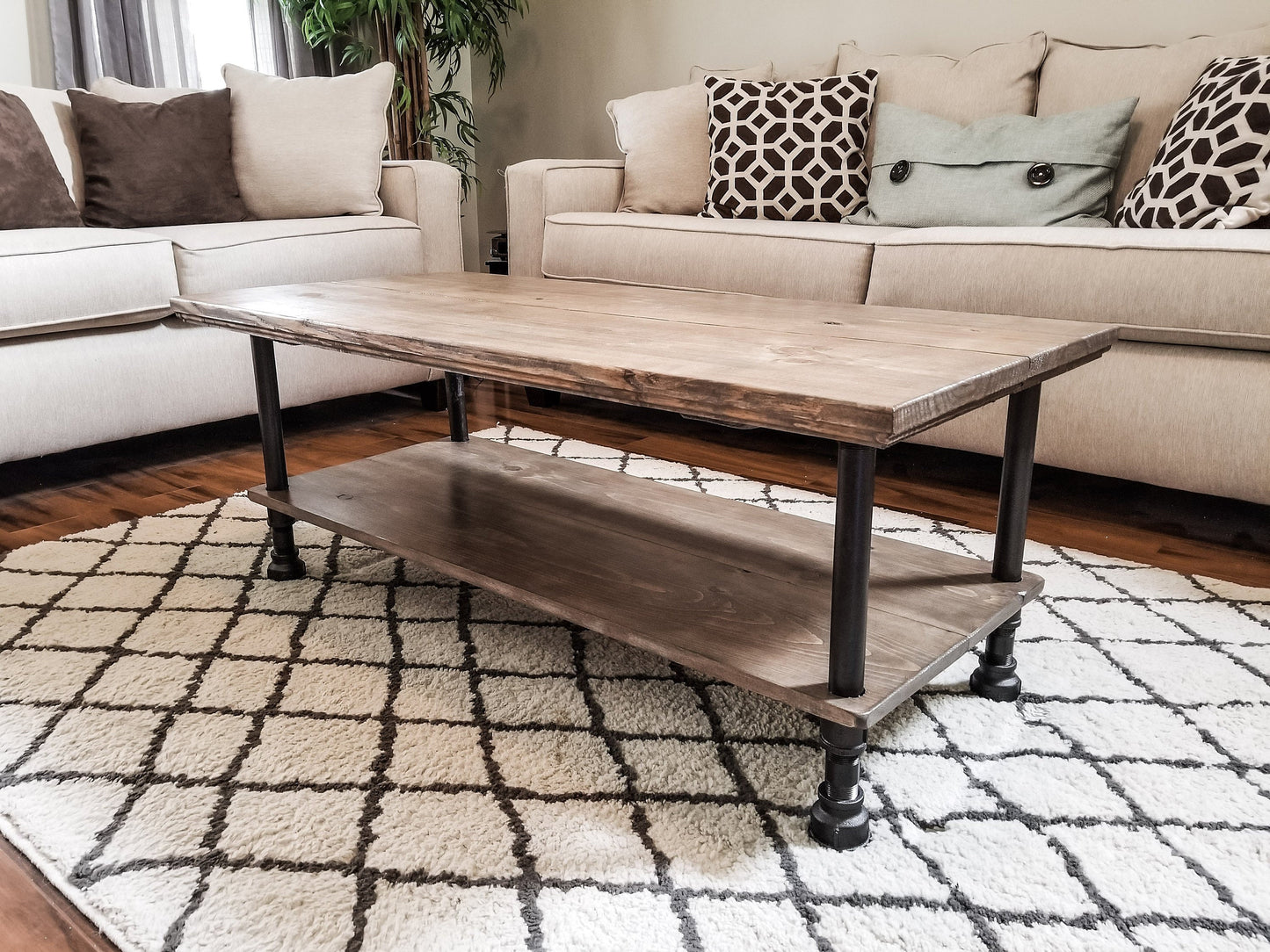 Steel and Wood Custom Edge Coffee Table with Shelf - Large Pipe