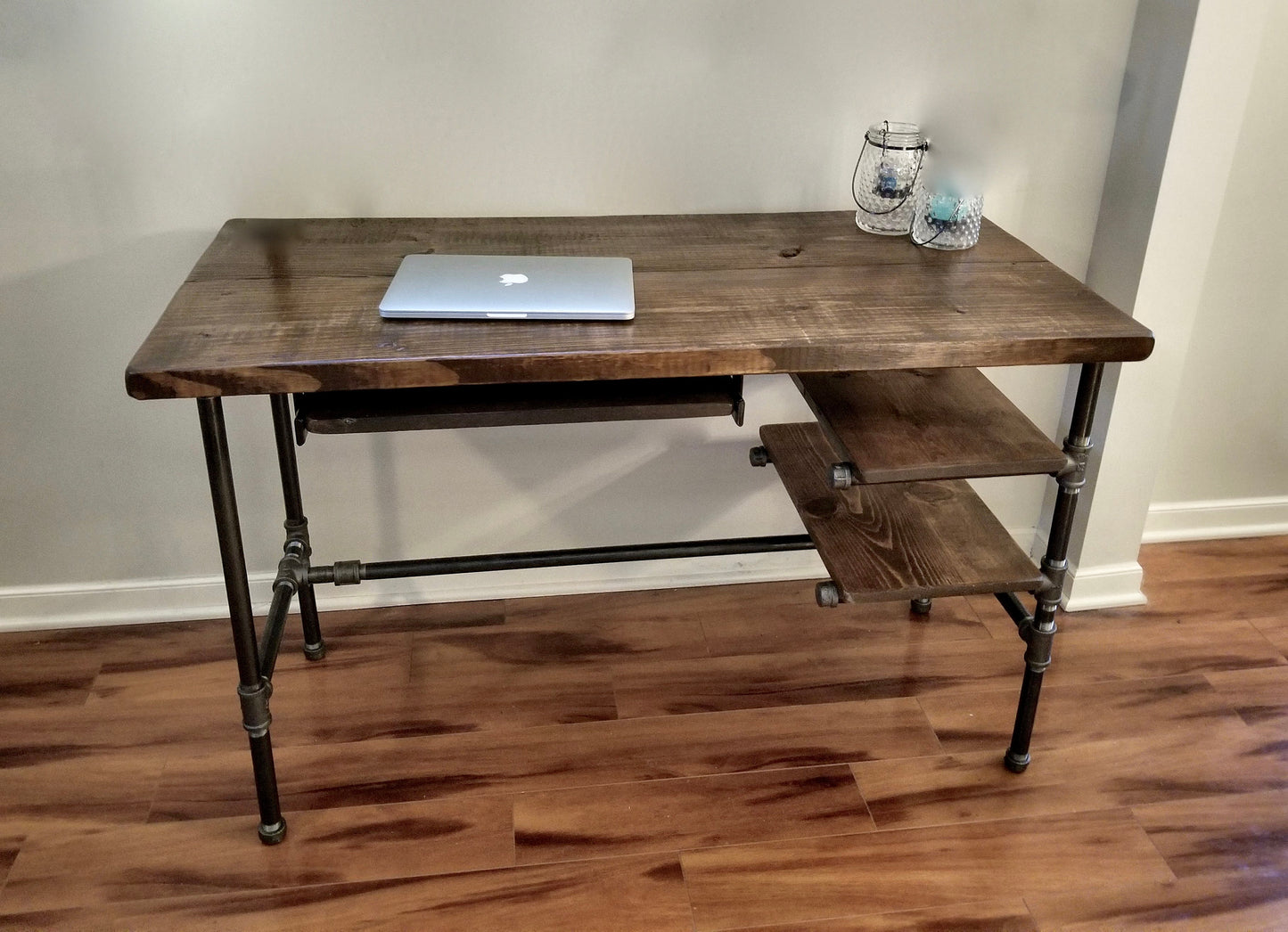 Steel and Wood Desk - Office Iron Pipe Desk with 2 Shelves and Keyboard Tray