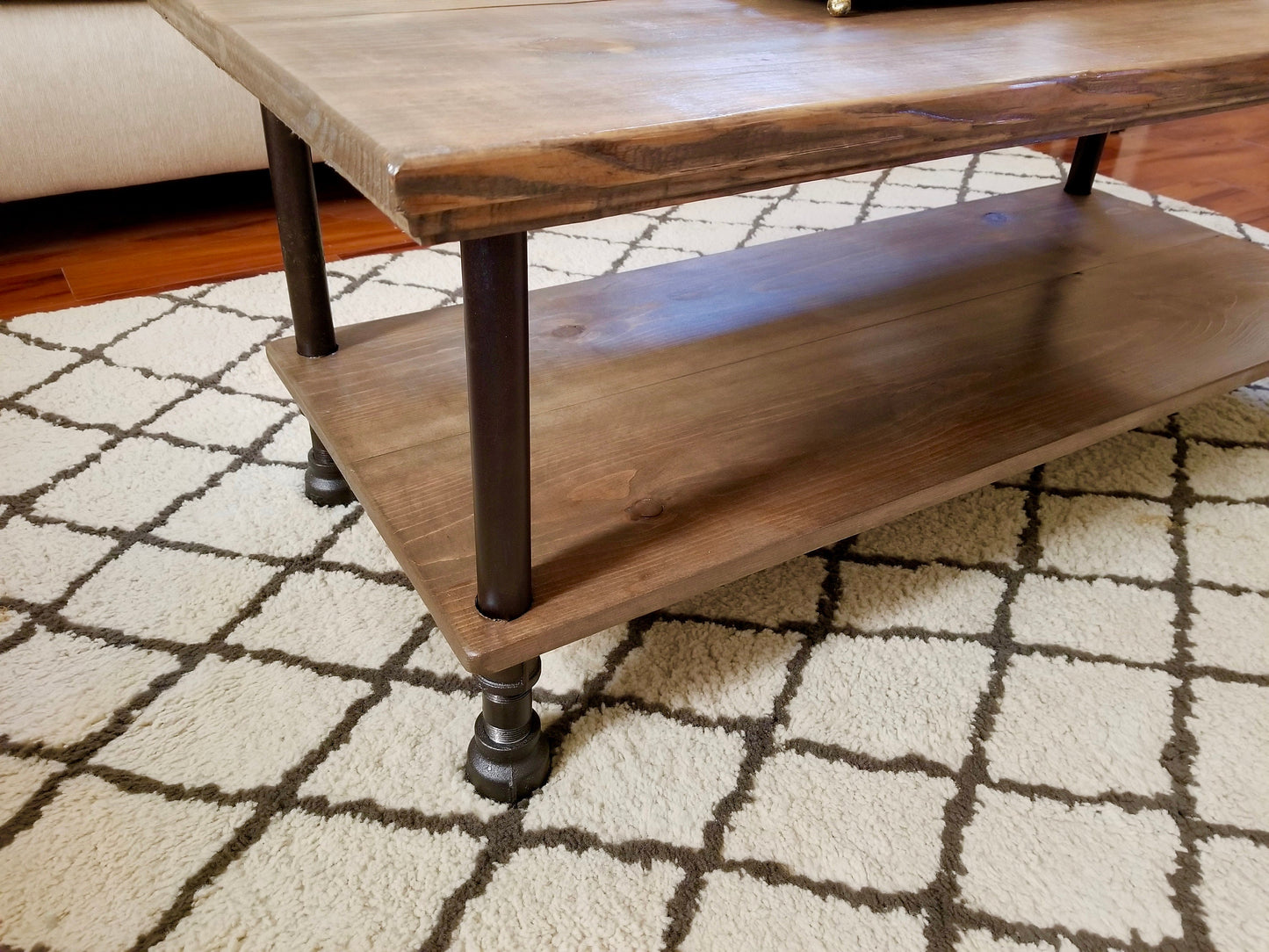 Steel and Wood Custom Edge Coffee Table with Shelf - Large Pipe