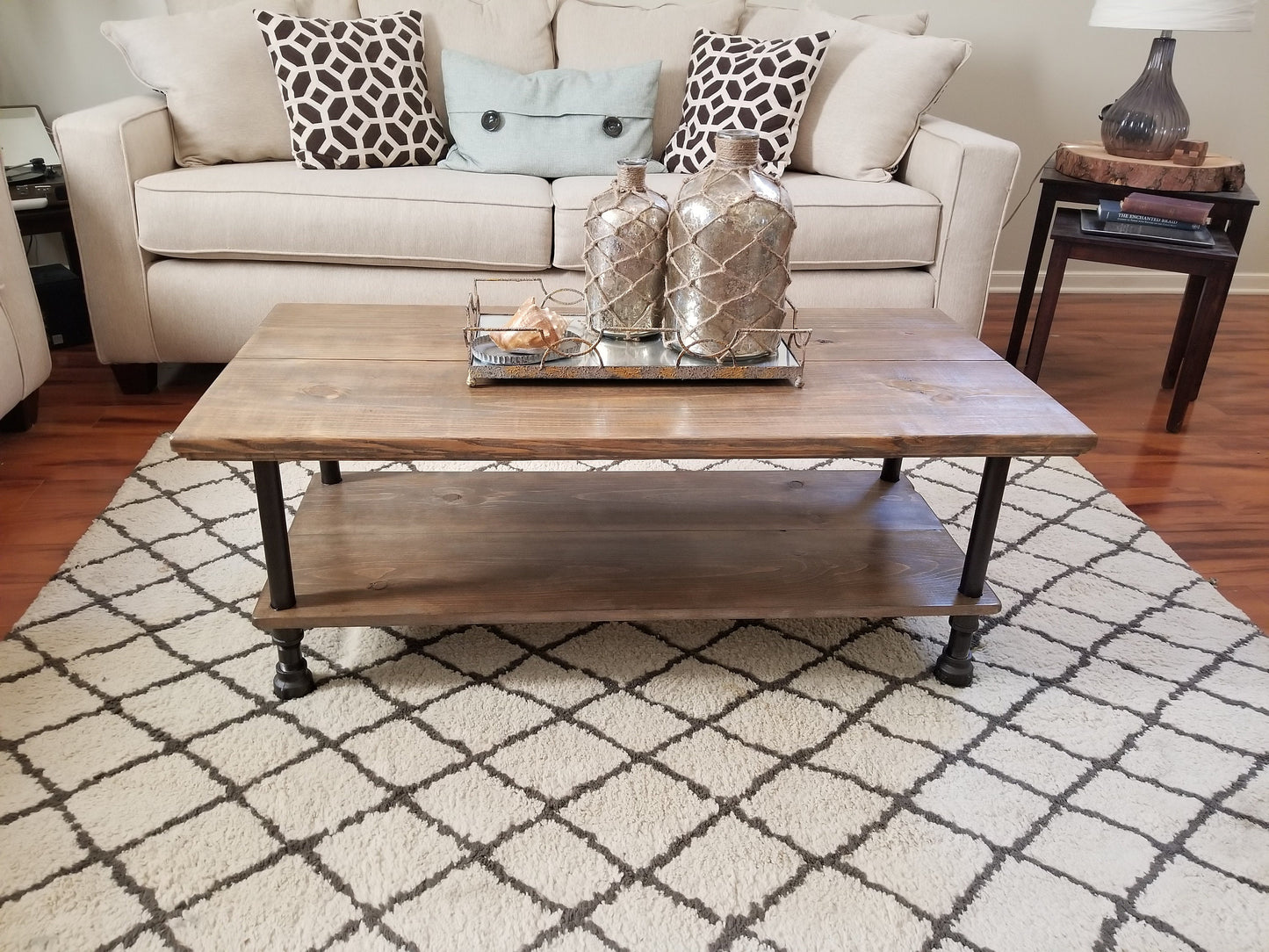 Steel and Wood Custom Edge Coffee Table with Shelf - Large Pipe