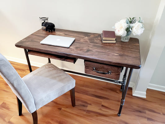 Steel and Wood Desk - Office Iron Pipe Desk with Drawer, Keyboard Tray, Home Office Furniture, Rustic Industrial Style