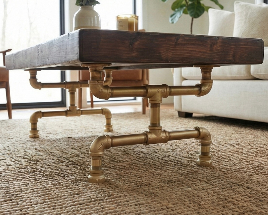 Steel and Wood Weathered Coffee Table with Gold Finish