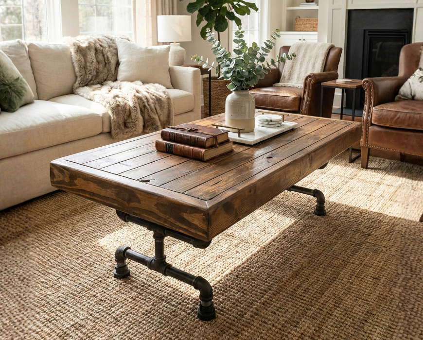 Steel and Pine Wood Weathered Coffee Table
