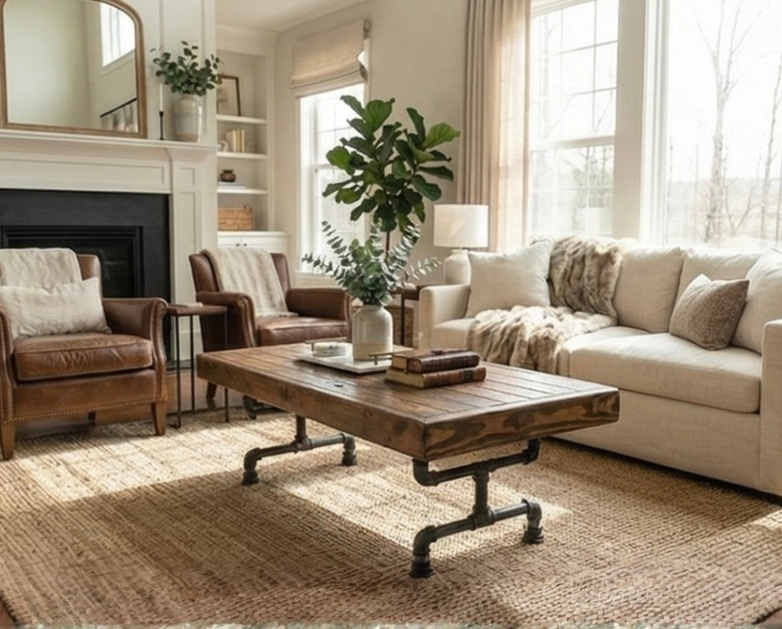 Steel and Pine Wood Weathered Coffee Table