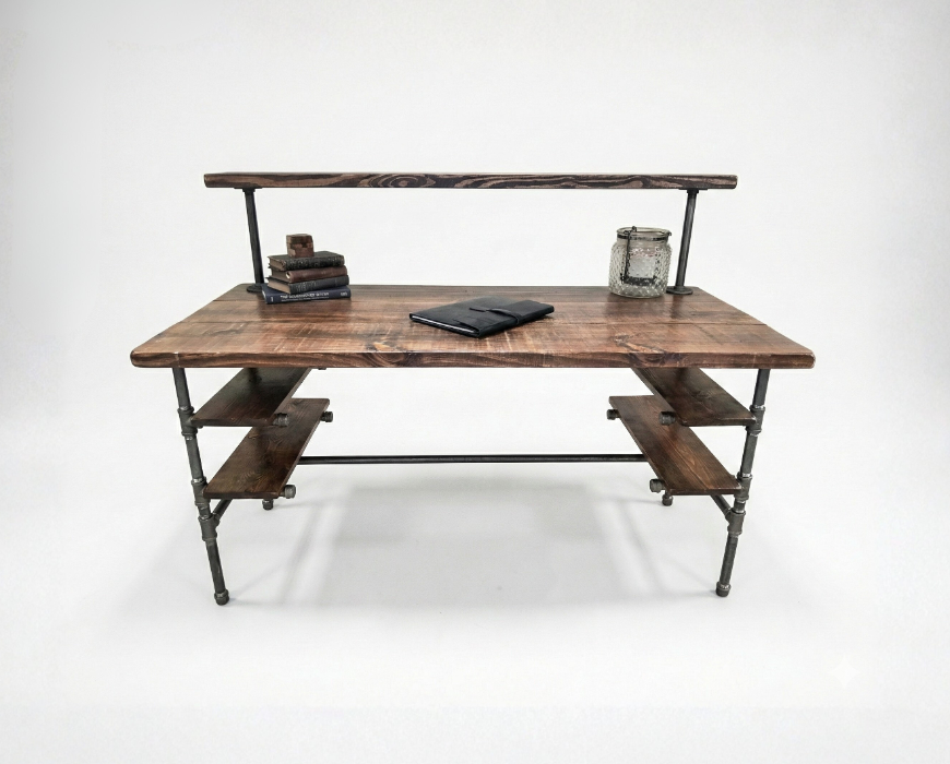 Steel and Wood Desk - 4 Desk Shelves and Monitor Shelf