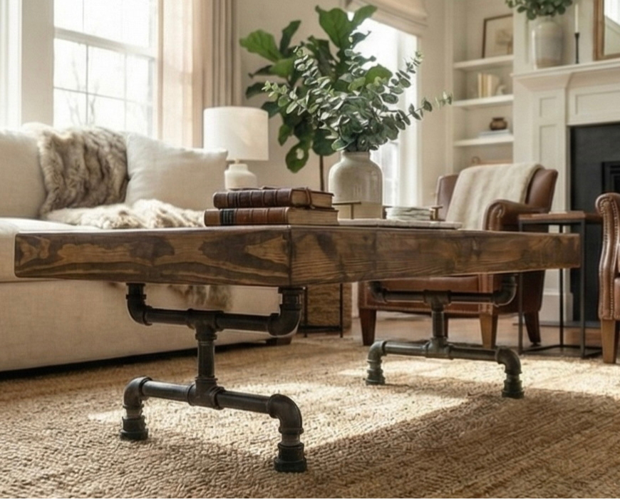 Steel and Pine Wood Weathered Coffee Table