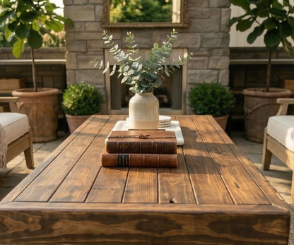 Outdoor Patio Steel and Wood Weathered Coffee Table  - Large Pipe - Free Outdoor Cover Included