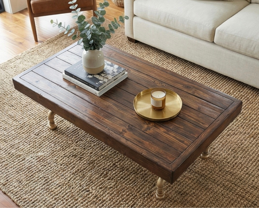 Steel and Wood Weathered Coffee Table with Gold Finish
