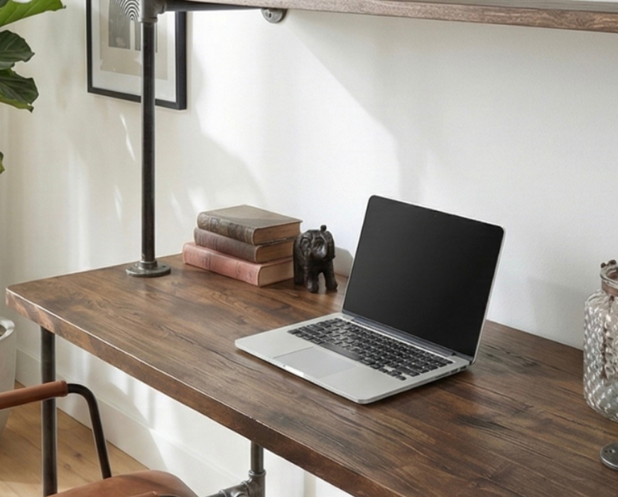 Steel and Wood Desk - 2 Desk Shelves and 2 Wall Shelves