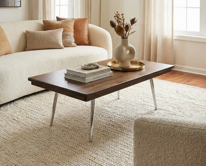 Steel and Solid Wood Midcentury Coffee Cocktail Table with Retro Chrome Steel