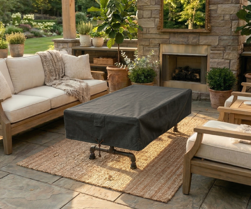 Outdoor Patio Steel and Wood Weathered Coffee Table  - Large Pipe - Free Outdoor Cover Included