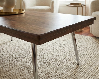 Steel and Solid Wood Midcentury Coffee Cocktail Table with Retro Chrome Steel