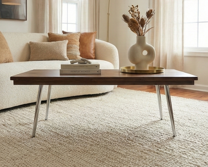 Steel and Solid Wood Midcentury Coffee Cocktail Table with Retro Chrome Steel