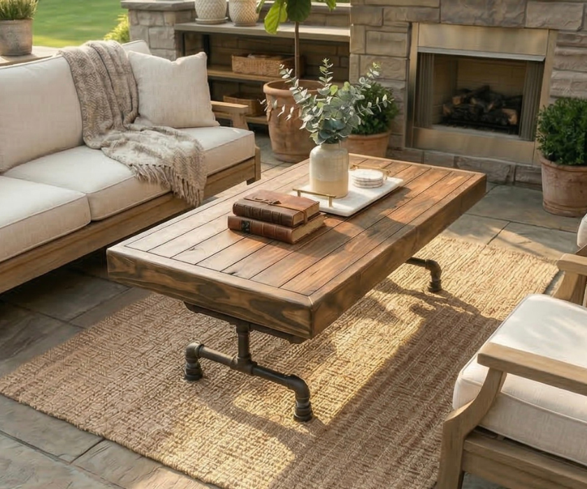 Outdoor Patio Steel and Wood Weathered Coffee Table  - Large Pipe - Free Outdoor Cover Included