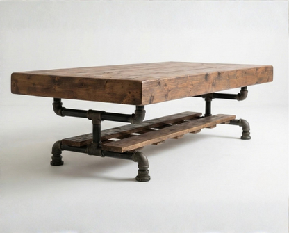 Steel and Wood Weathered Coffee Table w/ Cross Shelf