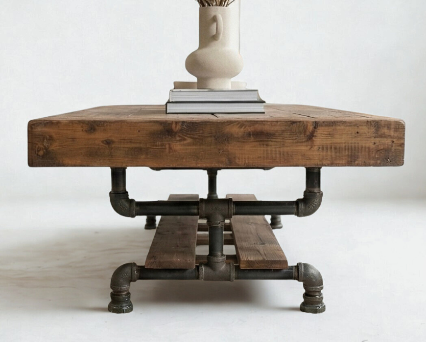 Steel and Wood Weathered Coffee Table w/ Cross Shelf