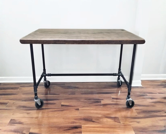 Steel and Wood Table with Locking Industrial Casters