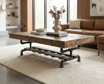 Steel and Wood Weathered Coffee Table w/ Cross Shelf