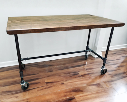 Steel and Wood Table with Locking Industrial Casters