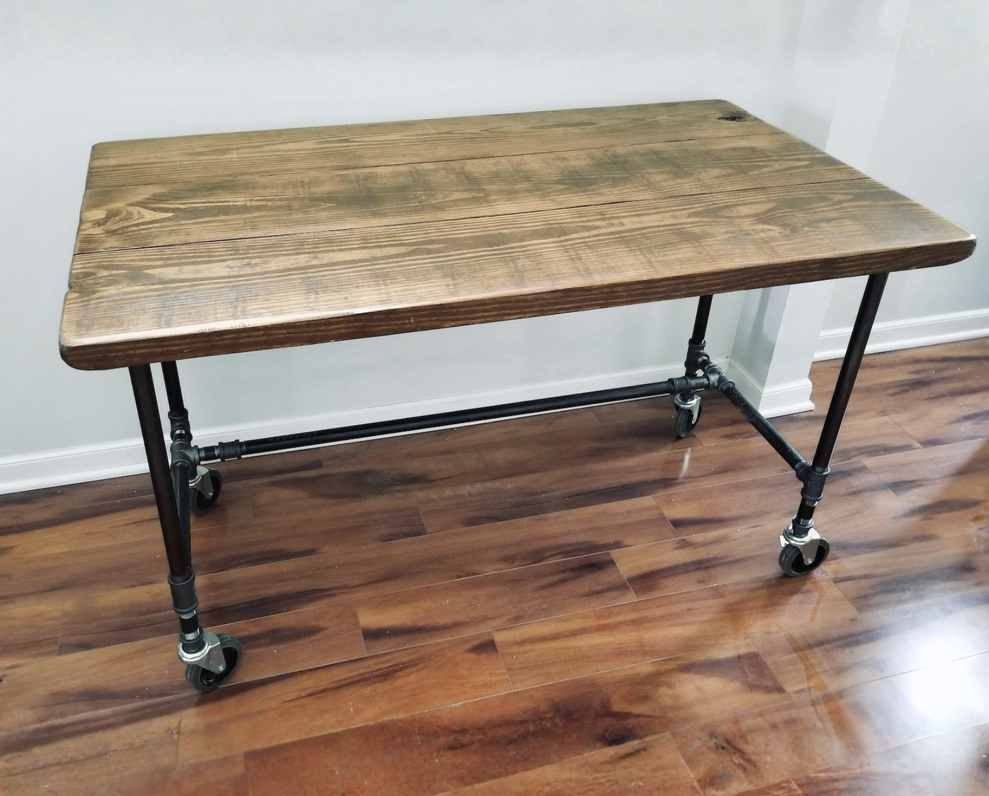 Steel and Wood Table with Locking Industrial Casters