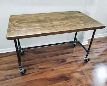 Steel and Wood Table with Locking Industrial Casters