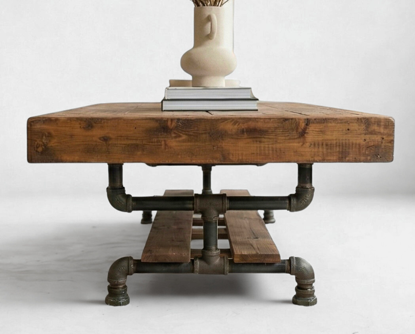 Steel and Wood Weathered Coffee Table w/ Cross Shelf