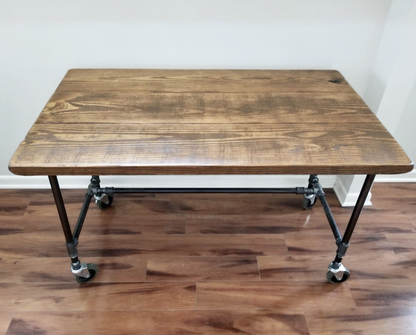 Steel and Wood Table with Locking Industrial Casters