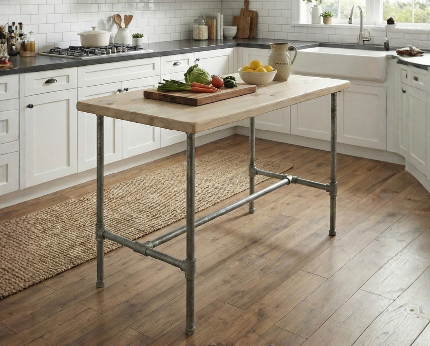 Steel and Wood Galvanized Steel Desk - Kitchen Island Table