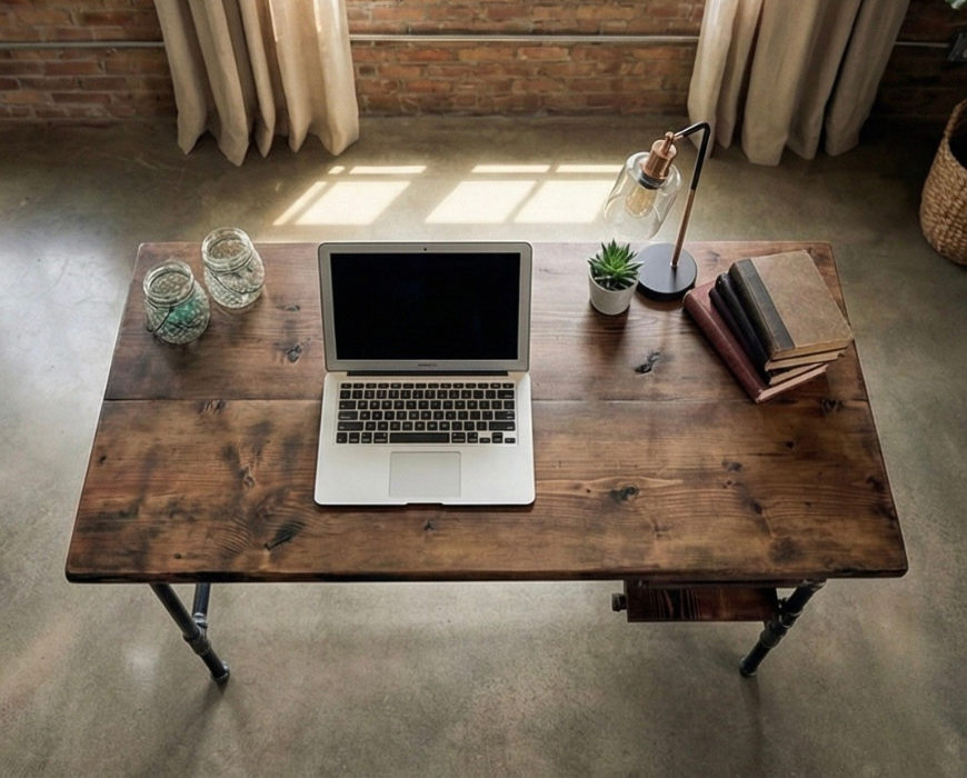 Steel and Wood Desk - Office Iron Pipe Desk with 2 Shelves