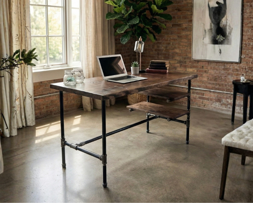 Steel and Wood Desk - Office Iron Pipe Desk with 2 Shelves