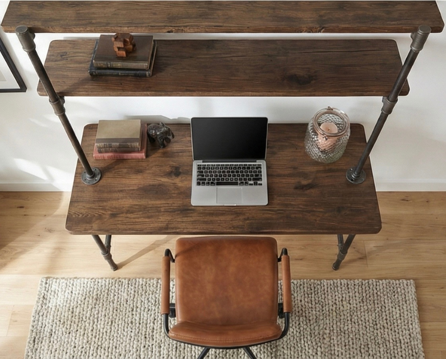 Steel and Wood Desk -  With 2 Wall Shelves