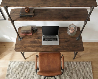 Steel and Wood Desk -  With 2 Wall Shelves
